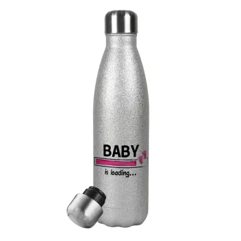 Baby is Loading GIRL, Metallic Glitter Silver Thermos Flask (Stainless steel), double-walled, 500ml
