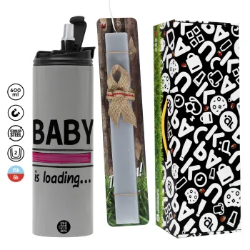 Baby is Loading GIRL, Πασχαλινή Λαμπάδα με Travel Tumbler θερμό (600ml, BPA free) & κερί αρωματικό πλακέ (30cm) (ΓΚΡΙ)