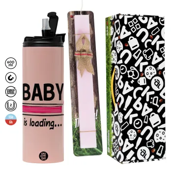 Baby is Loading GIRL, Πασχαλινή Λαμπάδα με  ΡΟΖ Travel Tumbler θερμό (600ml, BPA free) & κερί αρωματικό πλακέ (30cm) (ΡΟΖ)