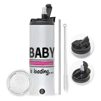 Baby is Loading GIRL, Travel Tumbler 2 Lids, with metal straw & cleaning brush (Stainless steel 304 Food grade, BPA free, 600ml)
