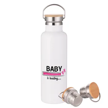 Baby is Loading GIRL, Μεταλλικό παγούρι θερμός (Stainless steel) Λευκό με ξύλινο καπάκι (bamboo), διπλού τοιχώματος, 750ml