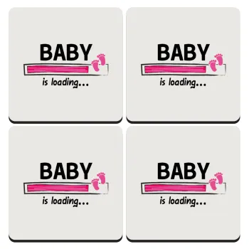 Baby is Loading GIRL, ΣΕΤ 4 Σουβέρ ξύλινα τετράγωνα (9cm)