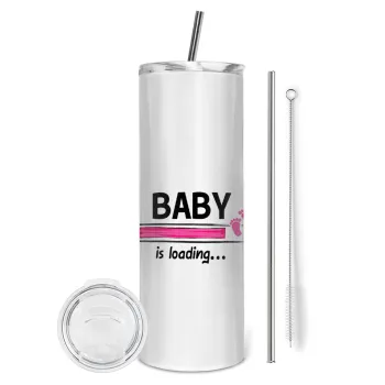 Baby is Loading GIRL, Tumbler ποτήρι θερμό από ανοξείδωτο ατσάλι 600ml, με μεταλλικό καλαμάκι & βούρτσα καθαρισμού
