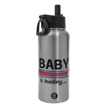 Baby is Loading GIRL, Μεταλλικό παγούρι θερμός Silver με καλαμάκι και χερούλι (Stainless steel), διπλού τοιχώματος, 950ml