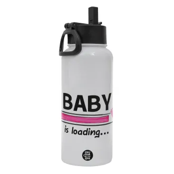 Baby is Loading GIRL, Metal mug thermo White with Straw and Spout Lid (Stainless steel), double wall, 950ml