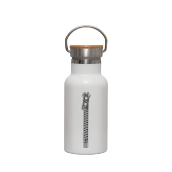 Zipper, Metallic thermos (Stainless steel) White with wooden lid (bamboo), double-walled, 350ml