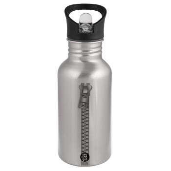 Zipper, Water bottle Silver with straw, stainless steel 500ml