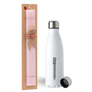 Zipper, Easter Set, metallic stainless steel water bottle (750ml) & scented flat Easter candle (30cm) (PINK)