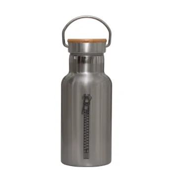 Zipper, Stainless steel metallic thermos flask, silver with a bamboo lid, double-walled, 350ml.