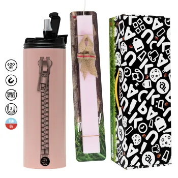 Zipper, Easter candle,Travel Tumbler 2 Lids, with metal straw & cleaning brush & aromatic flat candle (30cm) (PINK)