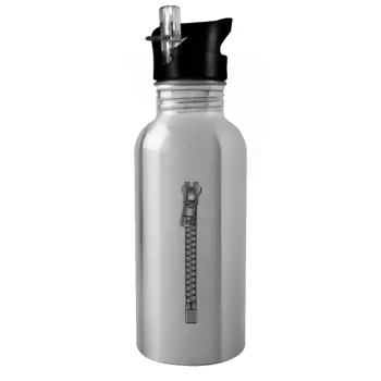 Zipper, Water bottle Silver with straw, stainless steel 600ml