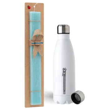 Zipper, Easter Set, metallic stainless steel water bottle (750ml) & aromatic flat Easter candle (30cm) (TURQUOISE)