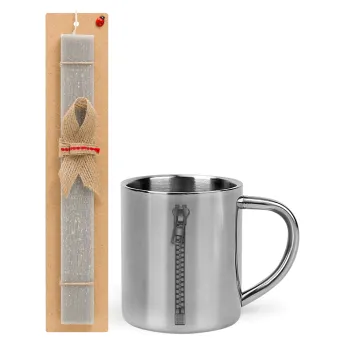 Zipper, Easter Set, metallic thermal cup (300ml) & Easter aromatic flat candle (30cm) (GRAY)