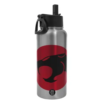 Thundercats, Μεταλλικό παγούρι θερμός Silver με καλαμάκι και χερούλι (Stainless steel), διπλού τοιχώματος, 950ml