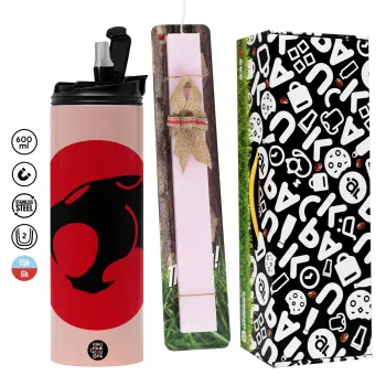 Thundercats, Πασχαλινή Λαμπάδα με  ΡΟΖ Travel Tumbler θερμό (600ml, BPA free) & κερί αρωματικό πλακέ (30cm) (ΡΟΖ)