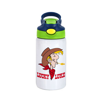 Lucky Luke, Children's hot water bottle, stainless steel, with safety straw, green, blue (350ml)