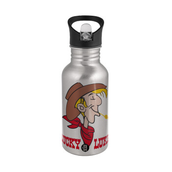 Lucky Luke, Water bottle Silver with straw, stainless steel 500ml
