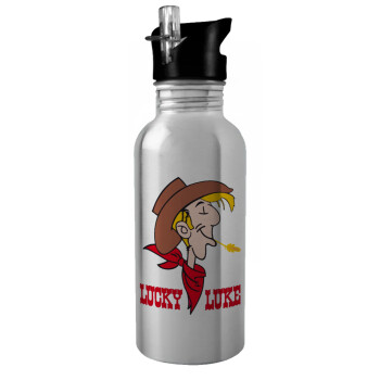 Lucky Luke, Water bottle Silver with straw, stainless steel 600ml