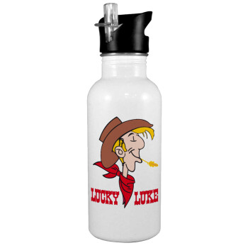 Lucky Luke, White water bottle with straw, stainless steel 600ml