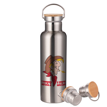 Lucky Luke, Stainless steel Silver with wooden lid (bamboo), double wall, 750ml