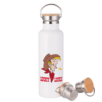 Lucky Luke, Stainless steel White with wooden lid (bamboo), double wall, 750ml