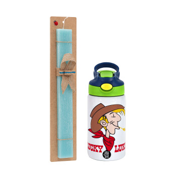 Lucky Luke, Πασχαλινό Σετ, Παιδικό παγούρι θερμό, ανοξείδωτο, με καλαμάκι ασφαλείας, πράσινο/μπλε (350ml) & πασχαλινή λαμπάδα αρωματική πλακέ (30cm) (ΤΙΡΚΟΥΑΖ)