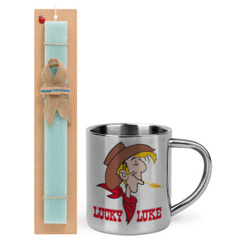 Lucky Luke, Πασχαλινό Σετ, μεταλλική κούπα θερμό (300ml) & πασχαλινή λαμπάδα αρωματική πλακέ (30cm) (ΤΙΡΚΟΥΑΖ)