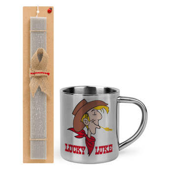 Lucky Luke, Πασχαλινό Σετ, μεταλλική κούπα θερμό (300ml) & πασχαλινή λαμπάδα αρωματική πλακέ (30cm) (ΓΚΡΙ)