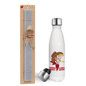 Lucky Luke, Πασχαλινή λαμπάδα, μεταλλικό παγούρι θερμός λευκός (500ml) & λαμπάδα αρωματική πλακέ (30cm) (ΓΚΡΙ)