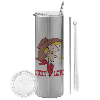 Lucky Luke, Eco friendly stainless steel Silver tumbler 600ml, with metal straw & cleaning brush