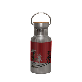 Lucky Luke shadows, Stainless steel metallic thermos flask, silver with a bamboo lid, double-walled, 350ml.