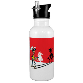 Lucky Luke shadows, White water bottle with straw, stainless steel 600ml