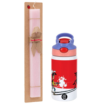 Lucky Luke shadows, Easter Set, Children's thermal stainless steel water bottle with safety straw, pink/purple (350ml) & Easter scented flat candle (30cm) (PINK)