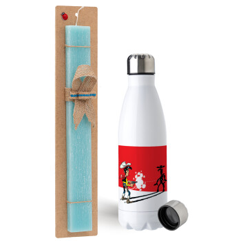 Lucky Luke shadows, Easter Set, metallic stainless steel water bottle (750ml) & aromatic flat Easter candle (30cm) (TURQUOISE)