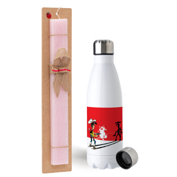 Lucky Luke shadows, Easter Set, metallic stainless steel water bottle (750ml) & scented flat Easter candle (30cm) (PINK)