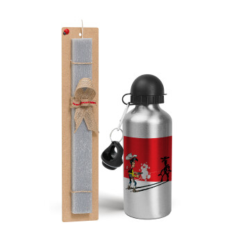 Lucky Luke shadows, Easter Set, metallic silver aluminum water bottle (500ml) & aromatic flat Easter candle (30cm) (GRAY)