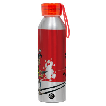 Λούκυ Λουκ σκιές, Αλουμινένιο Αθλητικό Μπουκάλι 650ml – Ασημί με Κόκκινο Καπάκι και Λουράκι Σιλικόνης
