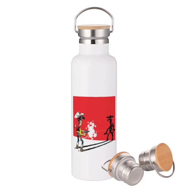 Λούκυ Λουκ σκιές — Μεταλλικό παγούρι θερμός (Stainless steel) Λευκό με ξύλινο καπάκι (bamboo), διπλού τοιχώματος, 750ml