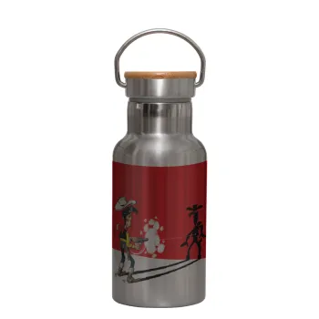 Lucky Luke shadows, Stainless steel metallic thermos flask, silver with a bamboo lid, double-walled, 350ml.
