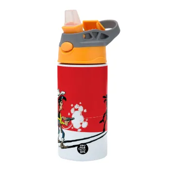 Λούκυ Λουκ σκιές, Παιδικό παγούρι θερμό, ανοξείδωτο, με καλαμάκι ασφαλείας, Πορτοκαλί/Γκρι (360ml) BPA-FREE