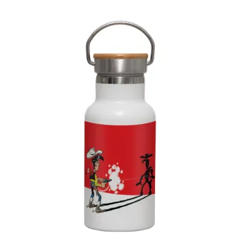 Λούκυ Λουκ σκιές, Μεταλλικό παγούρι θερμός (Stainless steel) Λευκό με ξύλινο καπακι (bamboo), διπλού τοιχώματος, 350ml