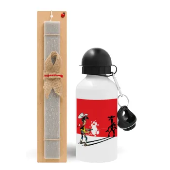 Λούκυ Λουκ σκιές, Πασχαλινή Λαμπάδα με παγούρι μεταλλικό  αλουμινίου (500ml) & κερί αρωματικό πλακέ (30cm) (ΓΚΡΙ)