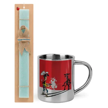 Lucky Luke shadows, Easter Set, metallic thermal cup (300ml) & aromatic flat Easter candle (30cm) (TURQUOISE)