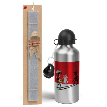 Lucky Luke shadows, Easter Set, metallic silver aluminum water bottle (500ml) & aromatic flat Easter candle (30cm) (GRAY)