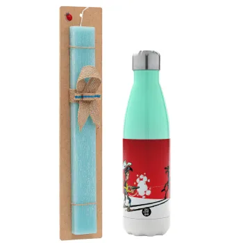 Lucky Luke shadows, Easter Set, Metallic green/white thermos (Stainless steel), double-walled, 500ml & scented flat Easter candle (30cm) (TURQUOISE)