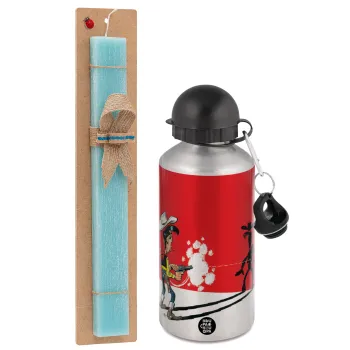 Lucky Luke shadows, Easter Set, metallic silver aluminum water bottle (500ml) & scented flat Easter candle (30cm) (TURQUOISE)