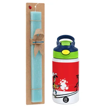Lucky Luke shadows, Easter Set, Children's thermal stainless steel bottle with safety straw, green/blue (350ml) & aromatic flat Easter candle (30cm) (TURQUOISE)