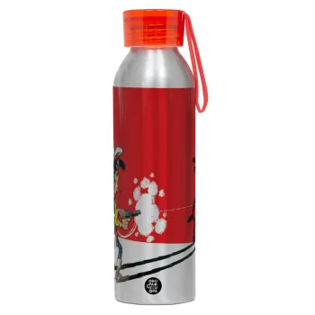 Λούκυ Λουκ σκιές, Αλουμινένιο Αθλητικό Μπουκάλι 650ml – Ασημί με Κόκκινο Καπάκι και Λουράκι Σιλικόνης