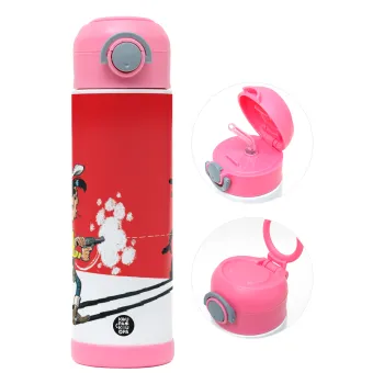 Lucky Luke shadows, Children's hot water bottle, stainless steel, with safety straw, PINK (500ml)