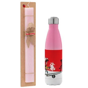 Lucky Luke shadows, Easter Set, Metallic pink/white (Stainless steel) thermos, double-walled, 500ml & aromatic flat Easter candle (30cm) (PINK)